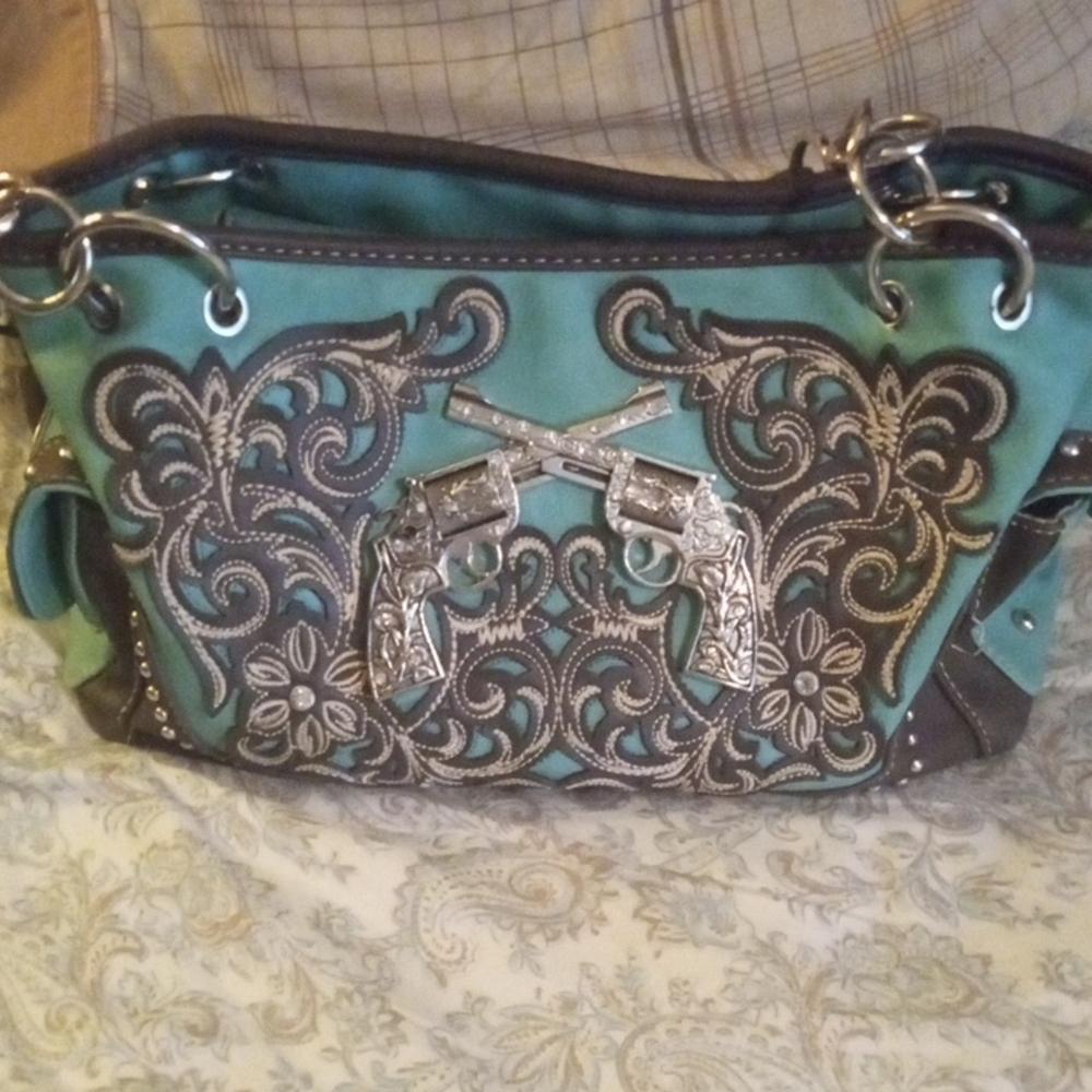 Turquoise Embroidered Shoulder Bag with Silver Details